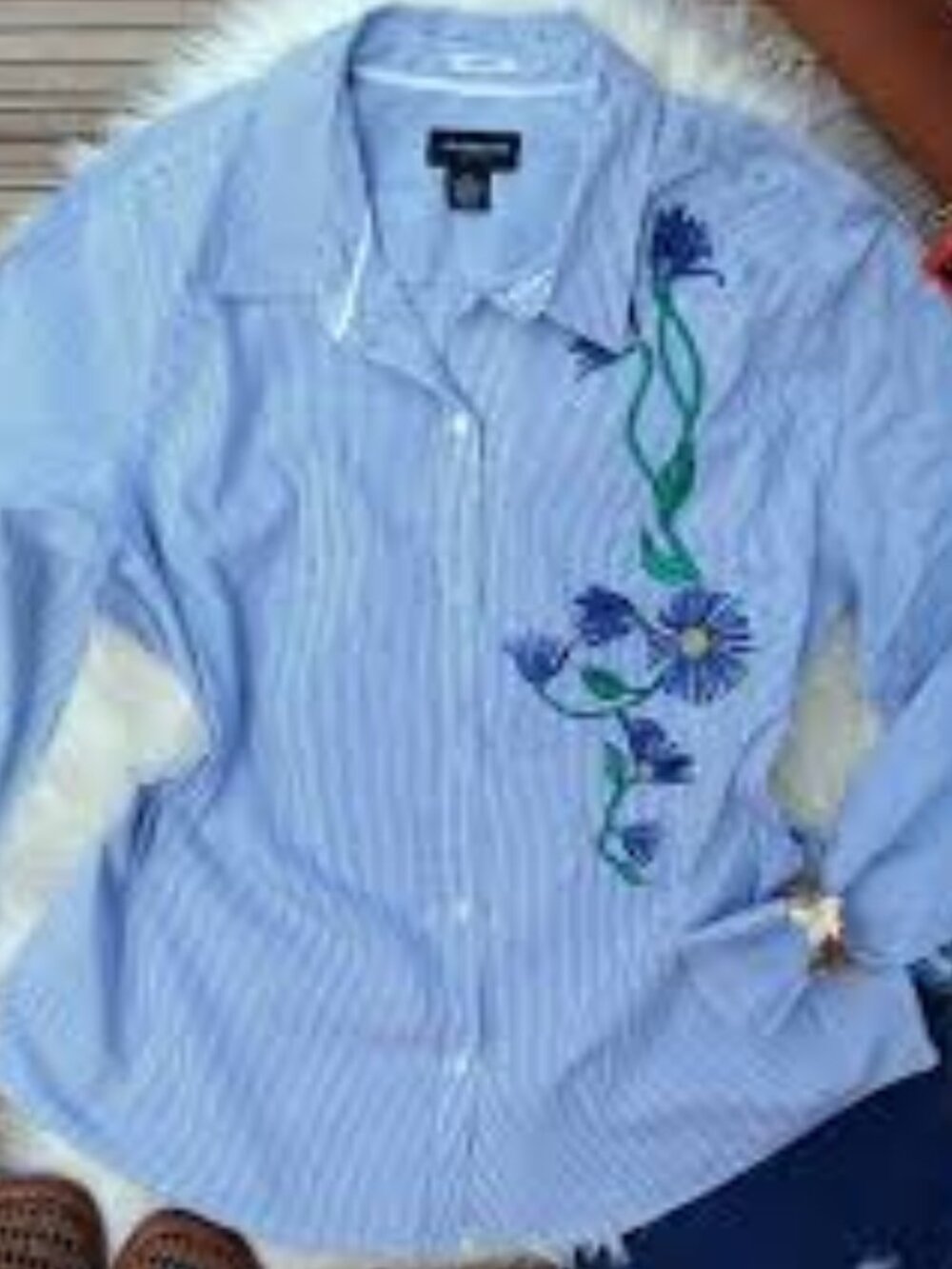 Liz Claiborne Womens Button Up Shirt Embrodery Bliss Stripe Blue Size XL